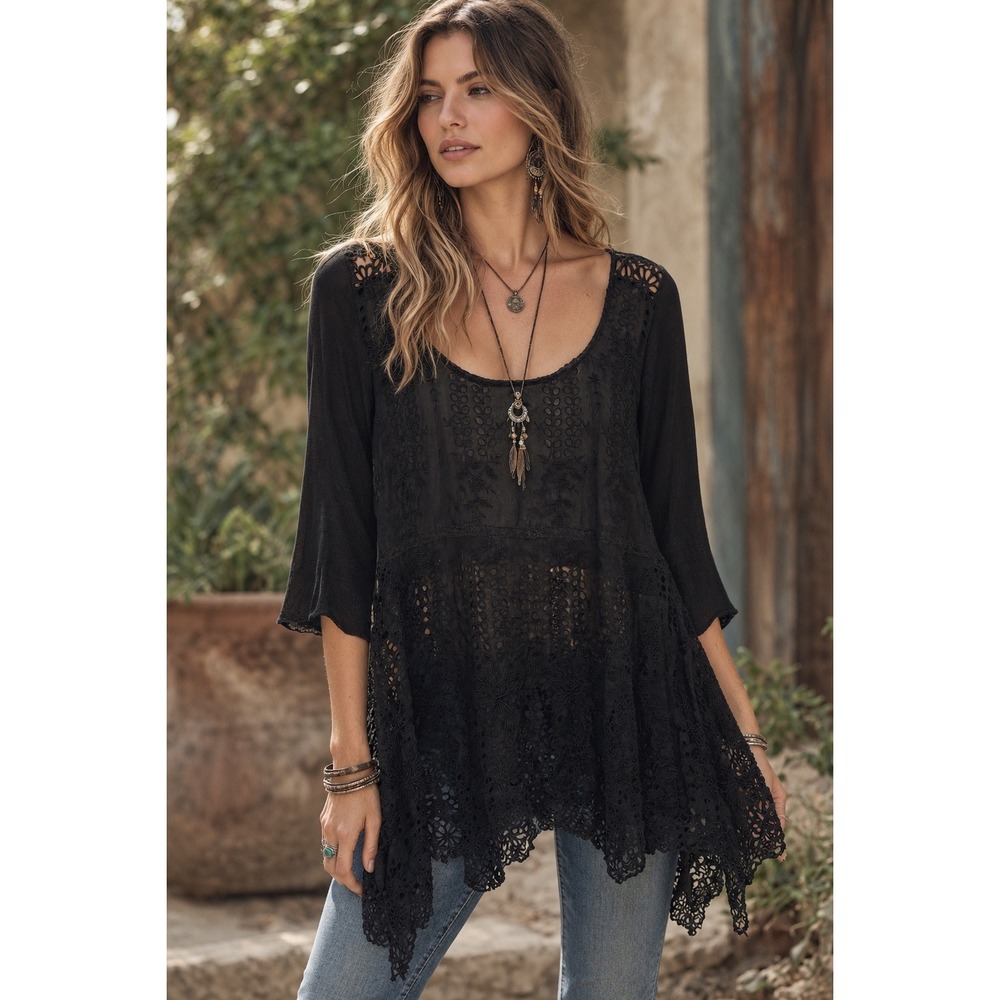 Johnny Was 4 Love & Liberty Embroidered Eyelet Lace Silk Top S Black Sheer Boho